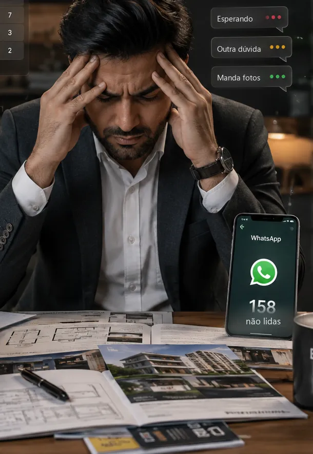 Corretor de imóveis com a cabeça entre as mãos diante de plantas e folhetos impressos, ao lado do celular mostrando 158 mensagens não lidas no WhatsApp.