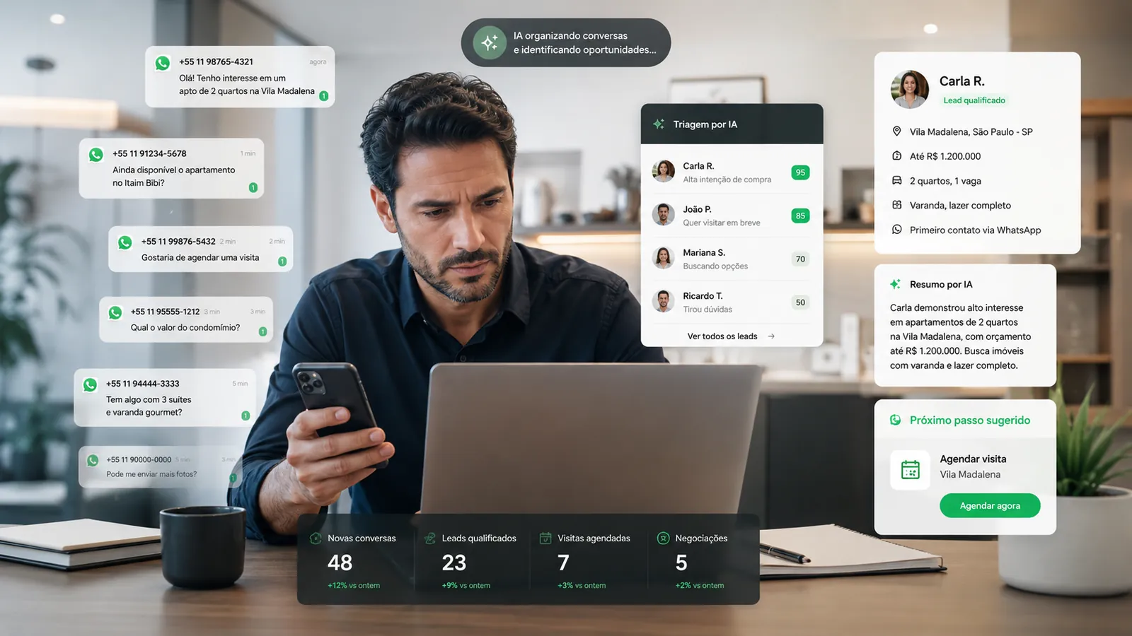 Corretor de imóveis com o celular na mão: de um lado as mensagens soltas do WhatsApp, do outro os mesmos contatos já organizados como leads pela triagem do Chavix.